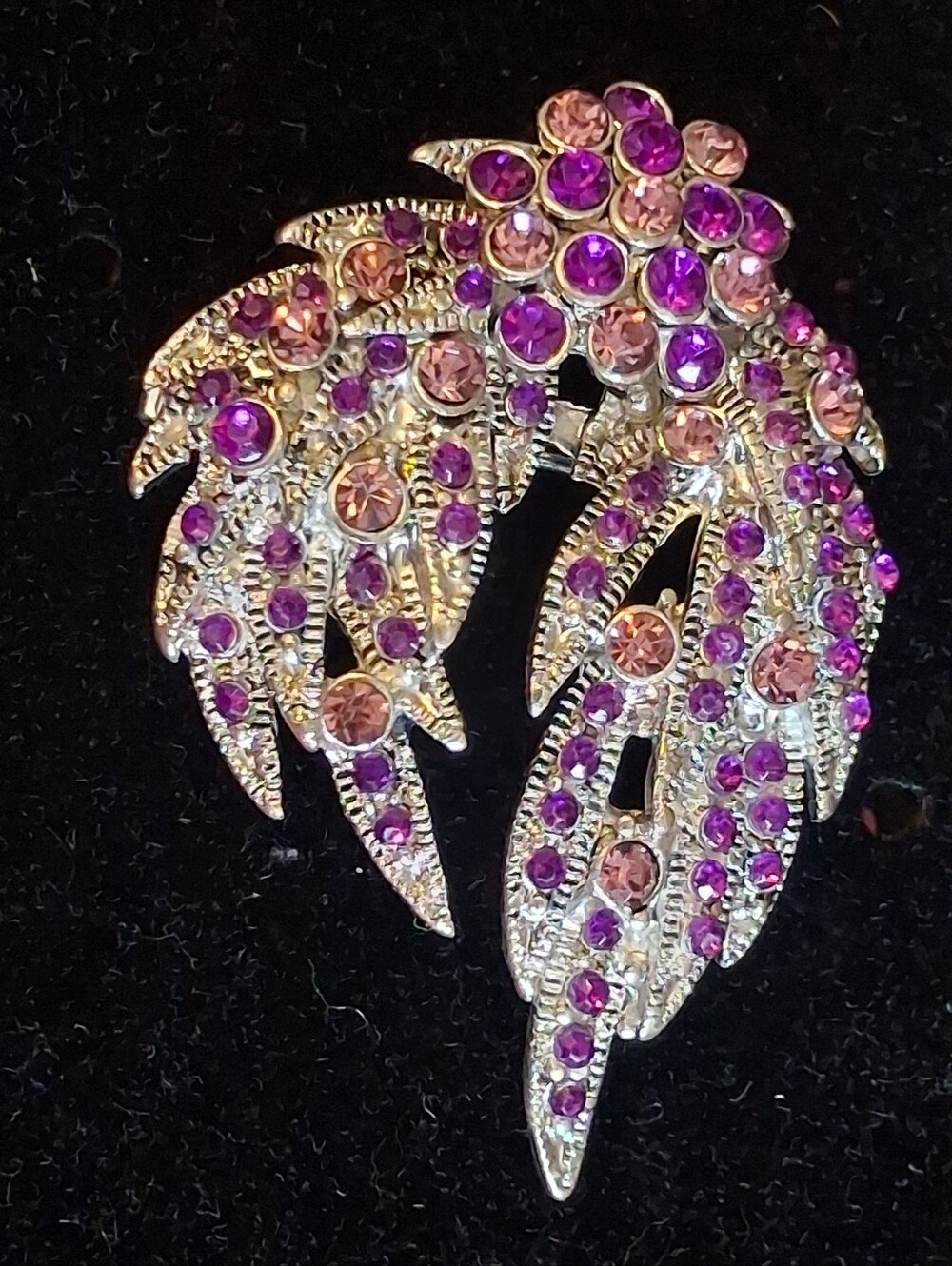 Silvertone Lavender & Purple Crystal Leaf Brooch - Women Jewelry